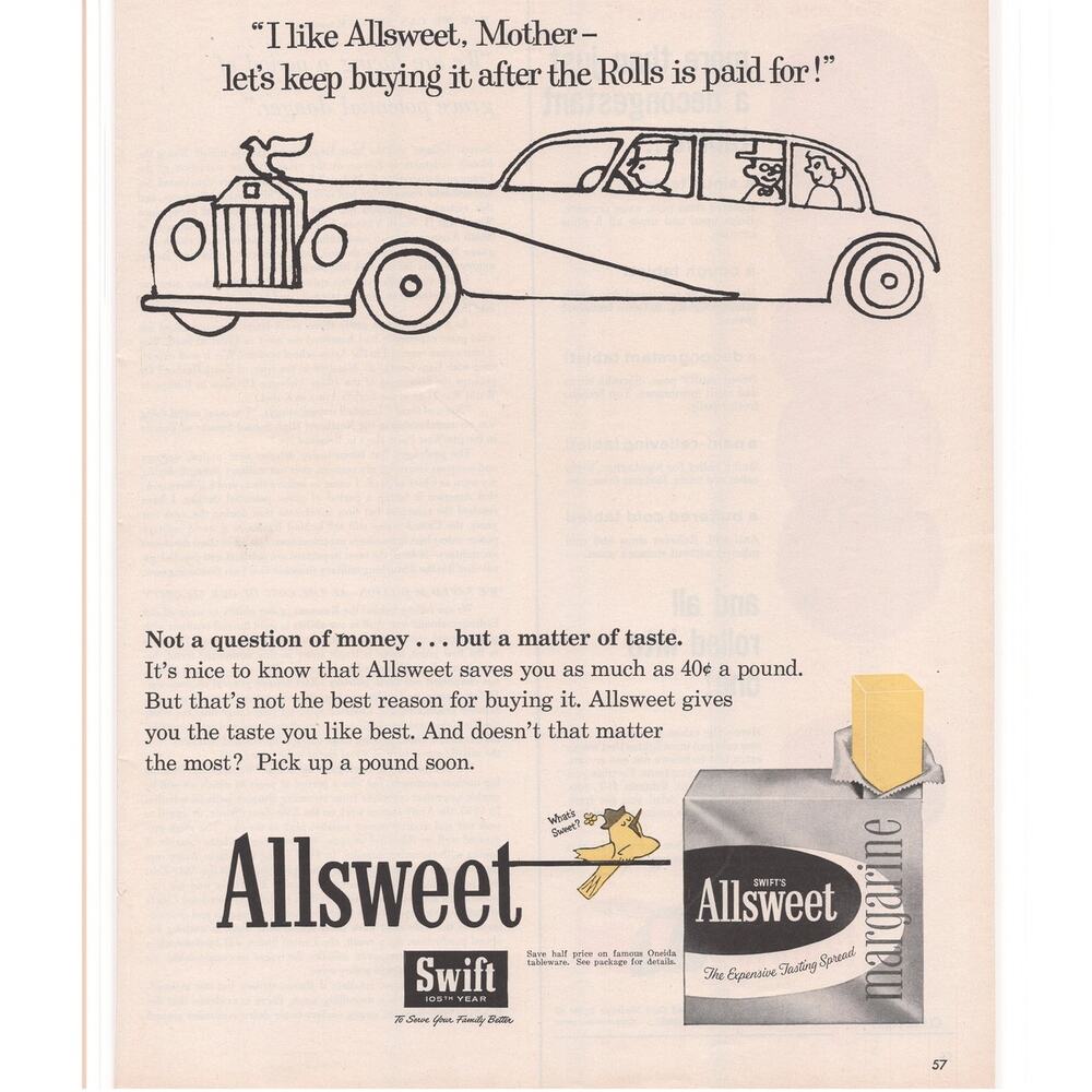 Swift Allsweet Margarine Magazine Advertisement 1958 Vintage Cooking Baking